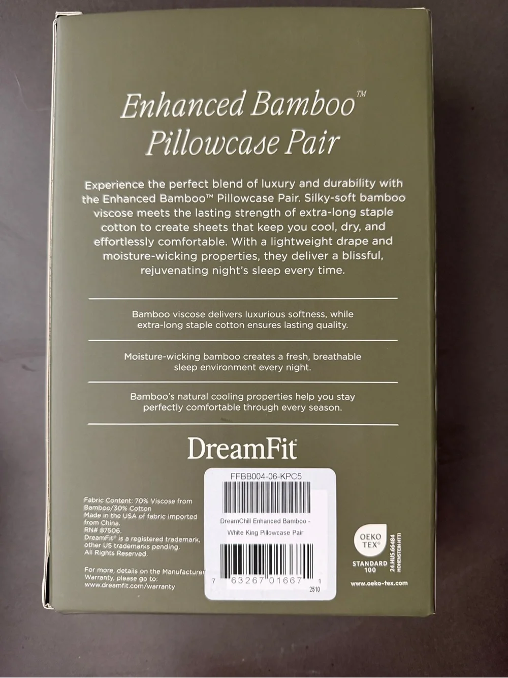 New $69.97 DreamFit Enhanced Bamboo Pillowcase Set of 2, White - King
